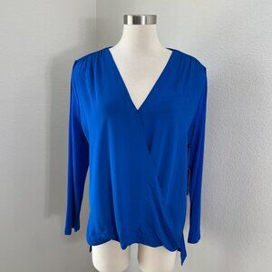 NEW Vince Camuto Womens Large Cobalt Blue Essentials Long Sleeve Wrap Blouse Top